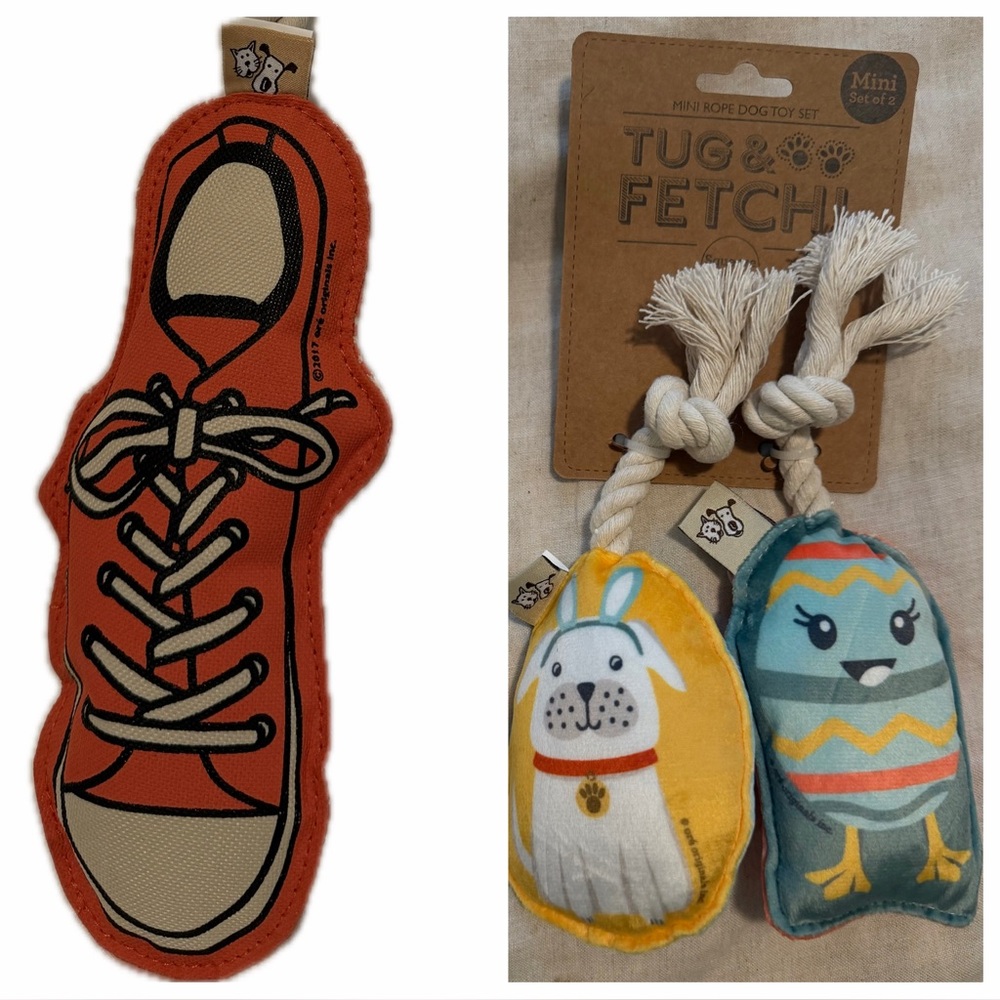 NWT Speckle & Spot Stuffed Orange Shoe Rope Toy + Mini Dog & Bird Toy Set
